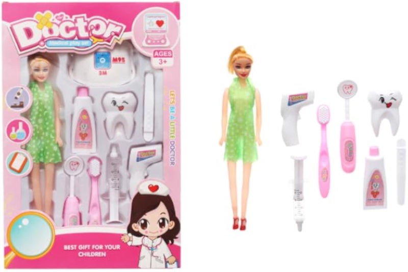 Plastic Dental Medical Play Kit Contains Pretty Doll With Dental Care Tools Give More Entertaining For Kids Set Of 9 Pieces - Multi Color